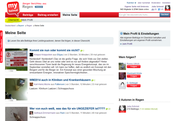 Zusätzlich zum „Profil“ habt ihr auch noch einen neuen Bereich, den ihr unter „Übersicht“ (neben „Mein Profil“) findet und der sich – kaum, dass man ihn angeklickt hat – „Meine Seite“ heißt. Dort seht ihr alle Beiträge und Bilder, die ein myheimatler veröffentlich hat, dem ihr folgt. So könnt ihr auf einem Blick sehen, was eure Freunde und Bekannte auf myheimat in letzter Zeit gemacht haben und überseht keinen neuen Beitrag!