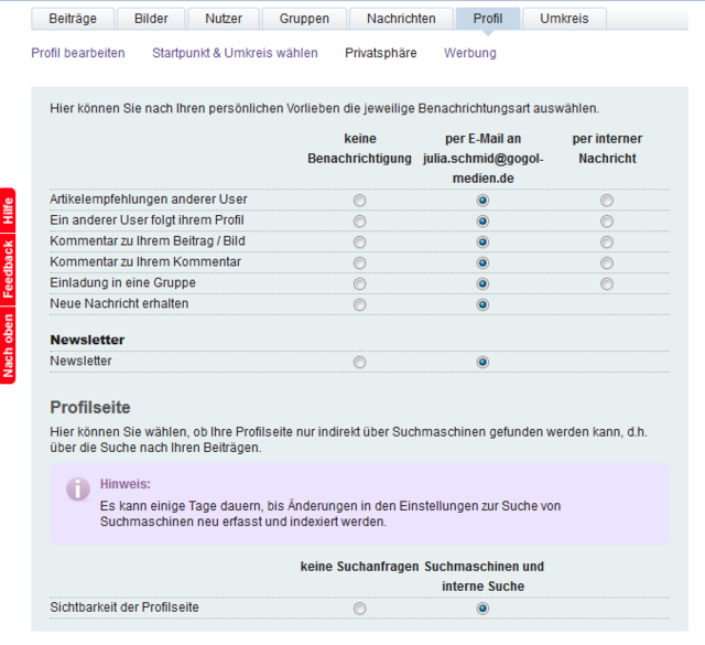 Ihr bekommt Newsletter & wollt diese nicht mehr? Ihr wollt informiert werden, wenn ein myheimatler einen Beitrag kommentiert? Dann ist dieser Bereich für euch wichtig. Unter „Profil“ wählt ihr „Privatsphäre“ aus und könnt mit wenigen Klicks wichtige Einstellungen auswählen. Beispielsweise, wie ihr über Kommentare informiert werden wollt: Möchtet ihr keine Nachricht dazu erhalten? Eine Email-Benachrichtigung erhalten? Dann setzt einfach das Häkchen an der richtigen Stelle (anschließend "Speichern" klicken.)