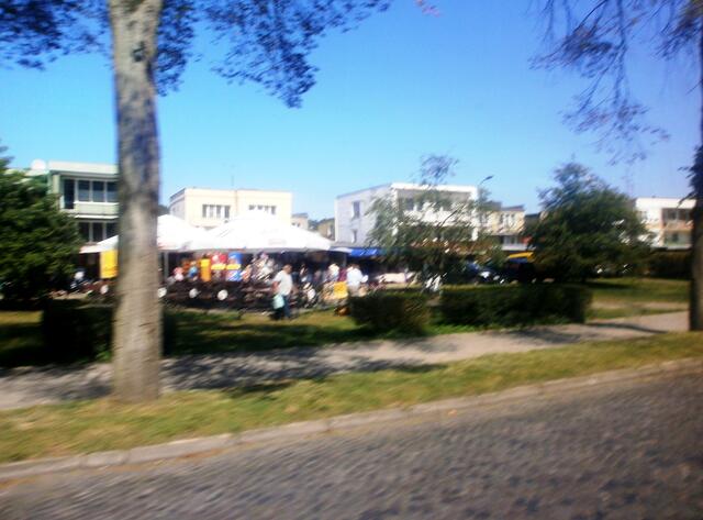 Auf der Rückfahrt von der Grenze sehen wir auf unserer linken Seite den großen Polenmarkt. Er ist der größte Flohmarkt Europas.