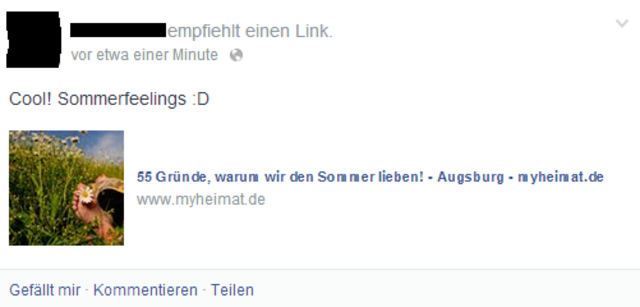 So sieht das dann in eurem Facebook-Profil aus. Eure Freunde können eure Empfehlung dadurch sehen und kommen mit einem Klick zum Artikel.
