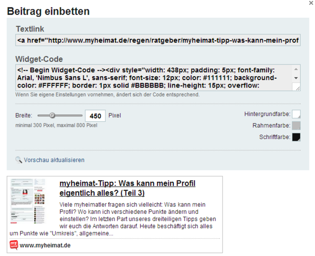 ... dann bekommen zum Beispiel die Besucher eurer Homepage gleich einen Vorgeschmack auf euren Artikel (kleine Fenster). Dazu müsst ihr nur - je, was benötigt wird - einen der beiden Links oben kopieren und einfügen.