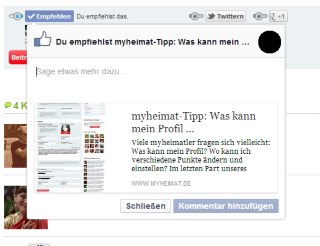 ... dann taucht ein neues Fenster auf. Hier könnt ihr noch einen Kommentar zu eurer Empfehlung dazupacken (bei Facebook zwingend nötig). Danach veröffentlichen - tada!