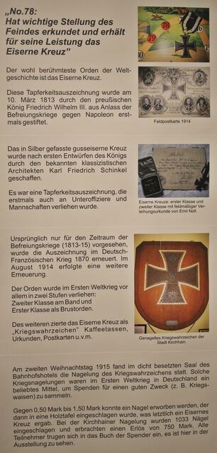 ...Nr. 78 - Ein Veteran von 1870 hat seine 5 Söhne und 2 Schwiegersöhne bei der Entsendung zu ihren Truppenteilen mit der Weisung entlassen, dass ein jeder seine Schuldigkeit tue. Wo ein besonders schweres Kommando auszuführen sei, sollen sie die ersten sein. Keiner solle ohne Auszeichnung mit dem eisernen Kreuz aus dem Feldzug zurückkehren.