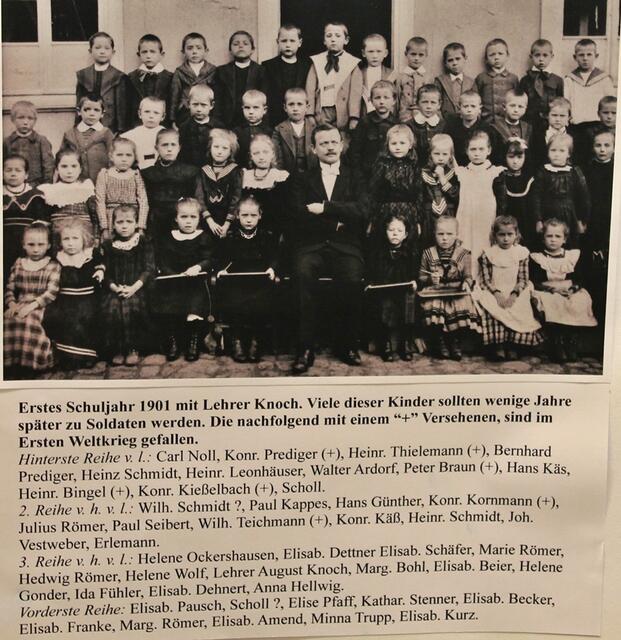Erstes Schuljahr 1901 mit Lehrer Knoch. Viele dieser Kinder sollten wenige Jahre später zu Soldaten werden und 7 von ihnen sind im Krieg gefallen.