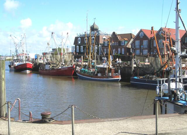 Schiffe vor der Ostseite in Neuharlingersiels Hafen.