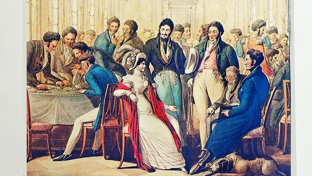 G. E. Opitz, Aquarell, um 1820, Ausschnitt. In den Darstellungen des frühen 19. Jahrhunderts finden sich nur sehr feine Anspielungen zu Geschlechterbeziehungen am Kurort. Die junge Frau, die im Mittelpunkt des Interesses mehrerer Männer steht, hat bereits ihren Favoriten gewählt. Ihre Fußspitze berüht fast seine Füße, eine für jene Zeit sehr erotische Geste. Repro: Helmut Kuzina