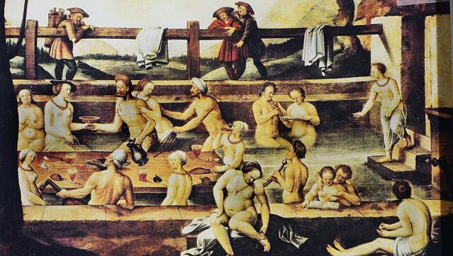 Hans Bock der Ältere, Öl auf Leinwand, 1597: Im schweizerischen Mineralbad zu Leuk musizieren zwei Männer auf einer Flöte und einem Krummhorn; in der Bildersprache jener Zeit ist das eine allen verständliche eindeutige Anspielung auf Geschlechtsverkehr. Repro: Helmut Kuzina