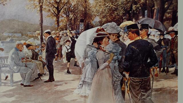 Morgenpromenade in Ischl, anonymer Holzstich, um 1900. Frauen sollten nach den Anstandsregeln vorsichtig sein, wenn Herren sie auf der Promenade begleiten wollten. Aber das Benehmen im Kurpark verlief meist freier und ungezwungener als auf der Straße. Repro: Helmut Kuzina