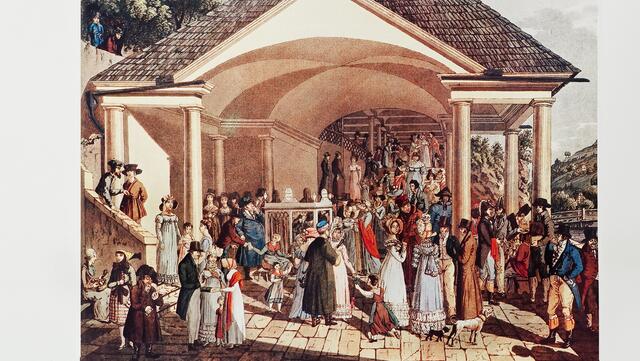 Ludwig Graf Buquoy, Neubrunnen in Karlsbad, Ausschnitt, um 1820. Die Gedanken der jungen Frauen im Vordergrund könnten sich darauf beziehen, ob sich unter der Menge doch nicht rein zufällgig der Erwünschte befinden könnte. Repro: Helmut Kuzina