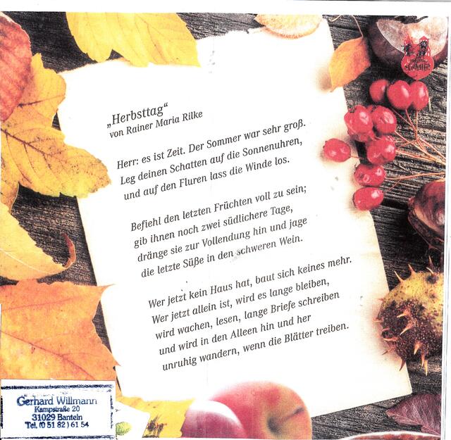 24) 31028Gronau, Realschule GeorgSauerwein: Schüler Gerhard Willmann, 1930-1936.  20.07.14 , 94jährig, teilt er mir seine Gefühle durch das Rilke Gedicht mit!