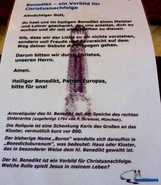 Gebet und weitere Informationen über die Armreliquie