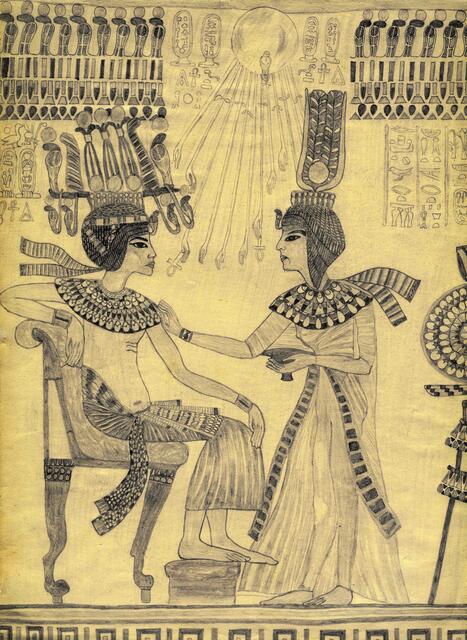 Pharao Echnaton und seine Frau Nofretete kamen auf die Idee, nur noch einen einzigen Gott, den Sonnengott, zuzulassen und anzubeten. Doch das war nur von kurzer Dauer. (Eigene Zeichnung.)