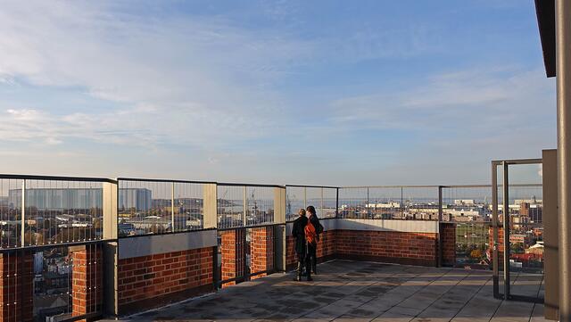 Von der Aussichtsplattform reicht der Blick über das Altstadtquartier bis zum Werftgelände. Foto: Helmut Kuzina