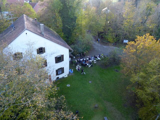 Blick vom Römerturm auf das Cafe Burgstüble, Kleinkemnat bei Kaufbeuren.