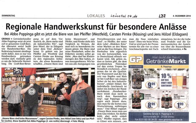 LeineLand Landkreis-Hi: Die Traditionspflege des Gronauer Pils-Erfinders von 1526, Cord Broyhan übernahmen : 
http://www.hödekenbräu.de _Westfeld _  pfeiffer.jan@gmx.de _ _ http://www.robens-kerkerbraeu.de _Eldagsen_ info@robens-kerkerbraeu.de _ _ http://www. .....folgt. Carsten Pirnke _ Rössing. _ _ Lieferant u.A. der 3 Brauer: Getränkeservice Inh. Abbo Poppinga
31028  Gronau (Leine)  _ +49 (5182) 948709
Getraenke-Service-Poppinga@t-online.de
http://www.getraenke-partner.de | Foto: LDZ