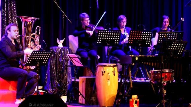 Von links: Andreas Martin Hofmeir (Tuba), Katharina Waldmann (Violine), Barbara Rabin (Klarinette), Selin Bissinger (Fagott)
