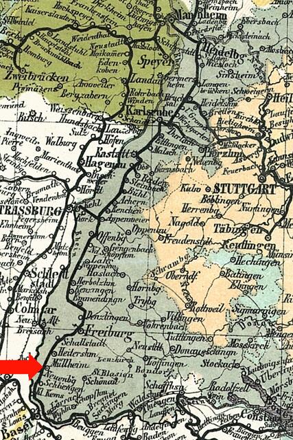 Müllheim (roter Pfeil) auf Badischer Hauptbahn – Bahnkarte Deutschland 1861