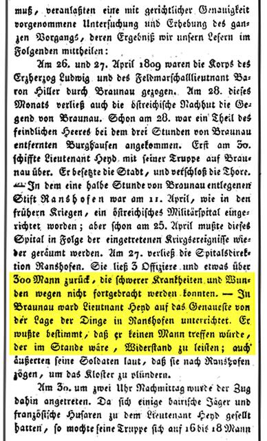 Gelb unterlegt die entscheidenden Sätze zur Klarstellung aus der Österreichischen militärischen Zeitschrift, Wien 1818 (Siebentes Heft).