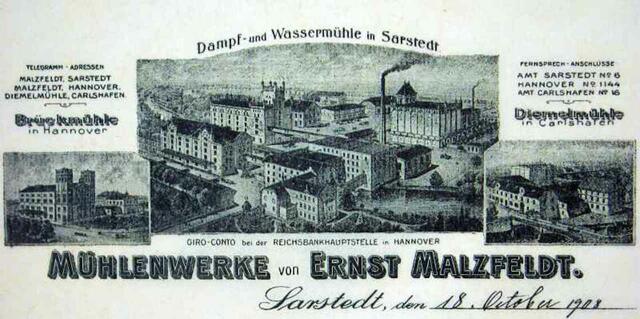 Auf einen Briefkopf der Mühlenwerke von Ernst Malzfeld von 1908 ist auf der linken Seite ein Bild der Brückmühle zu sehen. | Foto: Bildquelle unbekannt