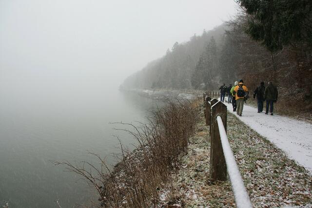 Rückweg zur Staumauer auf einem Wanderweg, der direkt am Edersee entlang führt.