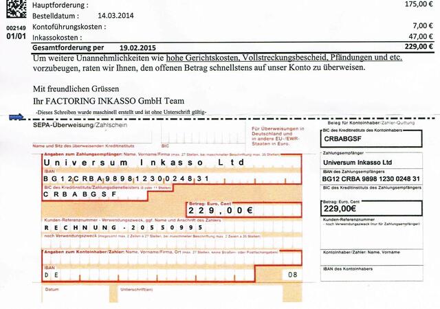 So ein Service: Der Überweisungsträger ist vorbereitet und gegen 229,00 Euro sind wir alle Sorgen vor Pfändung und hohen Gerichtskosten los.