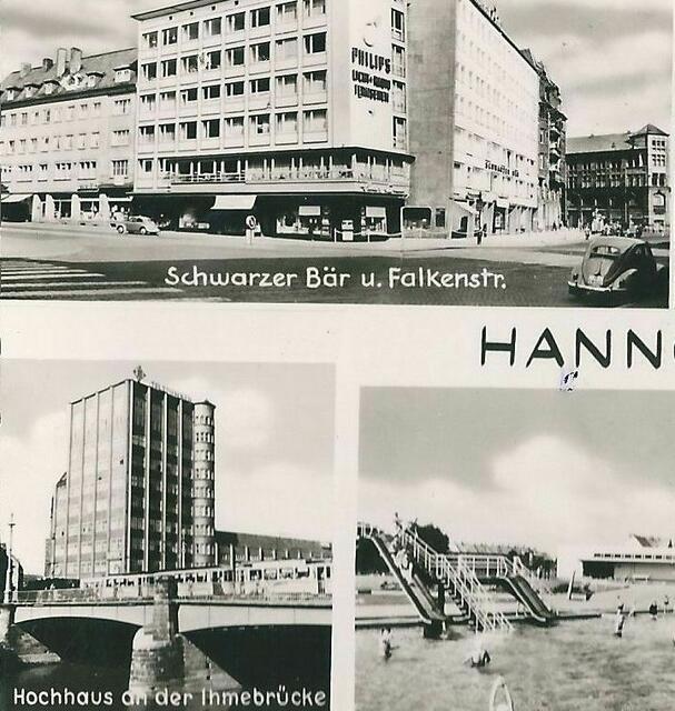 Blick  auf das Reisebüro Bangemann, um 1960 (oben, Haus am linken Bildrand. Unten rechts ist das Fössebad zu sehen (Ausschnitt)..