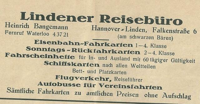 Februar 1928. Werbeanzeige in: Sänger-Zeitung der Liedertafel Augustus e. V., Hannover.