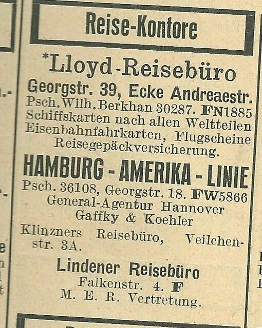 Aus: Hannoversches Adressbuch 1926 (Pokrantz), Abt. IV, Seite 75. Es gibt, wie es hier zu erkennen ist, nur eine Handvoll hannoverscher Reisebüros.