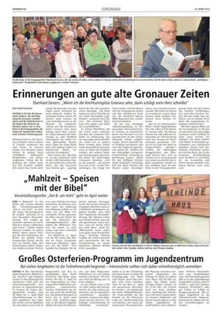 35)31028Gronau, 23.03.15  16:00: Sievers Lesung "Zeitlebens-Lebenszeit" . Stark geschönter LDZ-Bericht: "Erinnerungen an gute alte Gronauer Zeiten". Das Buch beinhaltet auch die Nazi-Verbrechen: Menschenfang,  Holocaust, Krieg, Tod, Verzweiflung, Vertreibung, Elend, Zerbombung, Hungerjahre, durch Deutsche auch in Nachbarländern! | Foto: LDZ_Leinetal 24