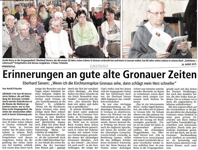 32)31028Gronau, 23.03.15  16:00: Sievers Lesung "Zeitlebens-Lebenszeit" . Stark geschönter LDZ-Bericht: "Erinnerungen an gute alte Gronauer Zeiten". Das Buch beinhaltet auch die Nazi-Verbrechen: Menschenfang,  Holocaust, Krieg, Tod, Verzweiflung, Vertreibung, Elend, Zerbombung, Hungerjahre, durch Deutsche auch in Nachbarländern! | Foto: LDZ_Leinetal 24