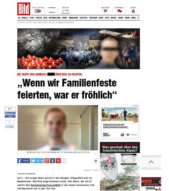 Die investigativen Aufklärer aus dem Axel-Springer-Haus versorgten ihre nach Neuigkeiten dürstenden Leser auf ihrer Webseite im Minutentakt mit neuen, „wichtigen und den Hintergrund der Katastrophe erhellenden Details über den Todespiloten. Dabei waren die Fotos des schon frühzeitig als „Massenmörder“ bezeichneten Co-Piloten natürlich nicht unkenntlich gemacht. | Foto: Screenshot