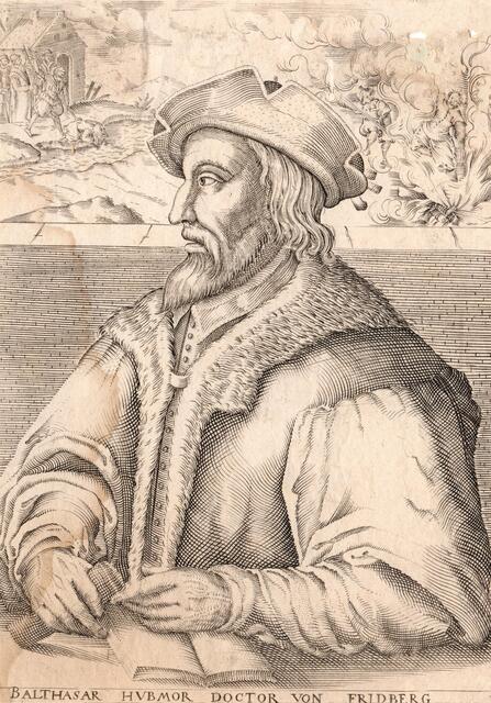Dem Büchlein war dieser Originalstich beigelegt, der Balthasar Hubmaier zeigt. Im Hintergrund sind die Szenen mit seiner Hinrichtung und der seiner Frau zu sehen.