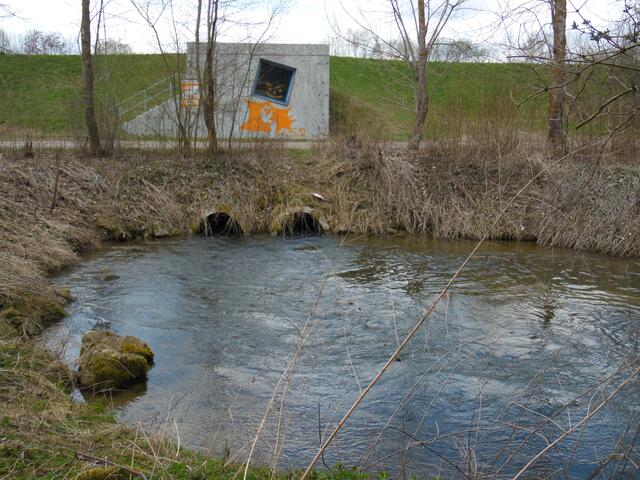 Hier beginnt der Mädelelech, nachdem das Lechkanalwasser eine 35 kW-Turbine (im Gebäude) antreibt