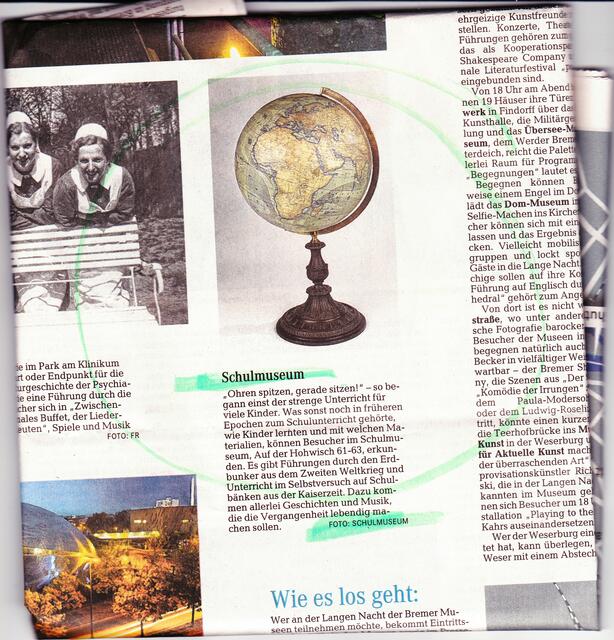 Abbildung "Globus im Schulmuseum Bremen" und Text "Schulmuseum Bremen" auf der Seite 12 der Bremer Tageszeitungen am 30. Mai 2015 | Foto: BREMER NACHRICHTEN
