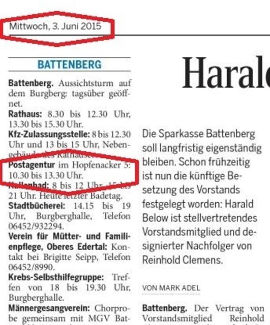 Die noch nicht korrigierte Öffnungszeit für den Mittwoch in der Frankenberger Zeitung vom 03.06.2015.