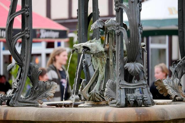 Ein Detail des Marienbrunnens auf dem Springer Markt, der nach der Pariser Weltausstellung von 1900 an den Deister kam.