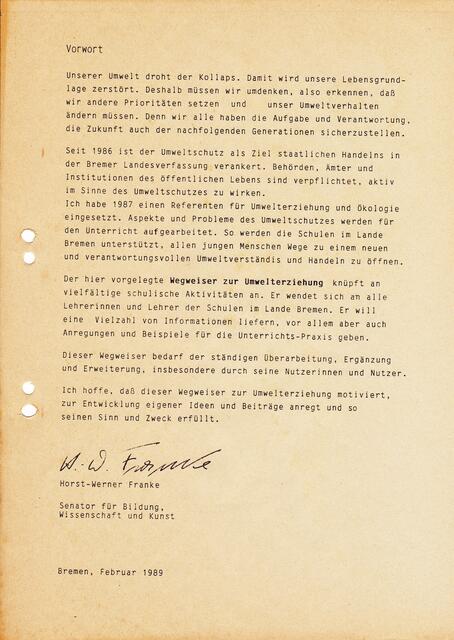 Vorwort aus dem WEGWEISER ZUR UMWELTERZIEHUNG IN BREMEN (Februar 1989) | Foto: Senator für Bildung Bremen