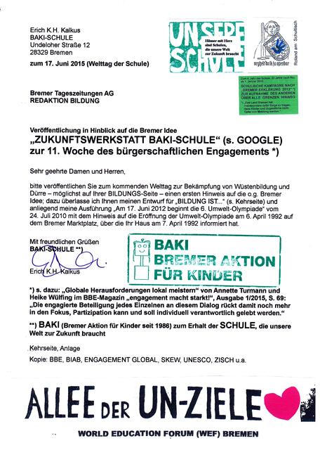 BAKI-Brief zum 17. Juni 2015 an die Bremer Tageszeitungen AG, REDAKTION BILDUNG