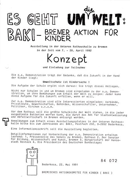 Konzept zur BAKI-Ausstellung in der Unteren Rathaushalle zu Bremen vom 7. - 20. April 1992