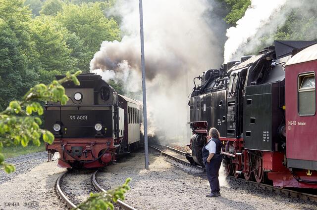 99 6001 trifft 99 7243-1 im Bahnhof Mägdesprung.