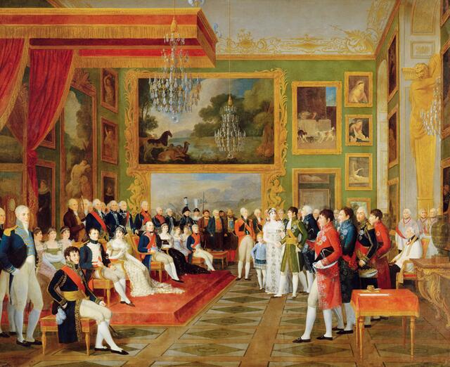 Ziviltrauung von Eugène de Beauharnais mit Prinzessin Auguste Amelie von Bayern in München, 13. Januar 1806
Gemälde, Öl/LW, Francois Guillaume Ménageot, 1808
Musée national des châteaux de Versailles et de Trianons | Foto: © bpk | RMN | Gérard Blot | Jean Schormans