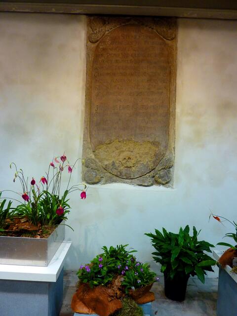 Bunte Blumen und alte Schrifttafeln