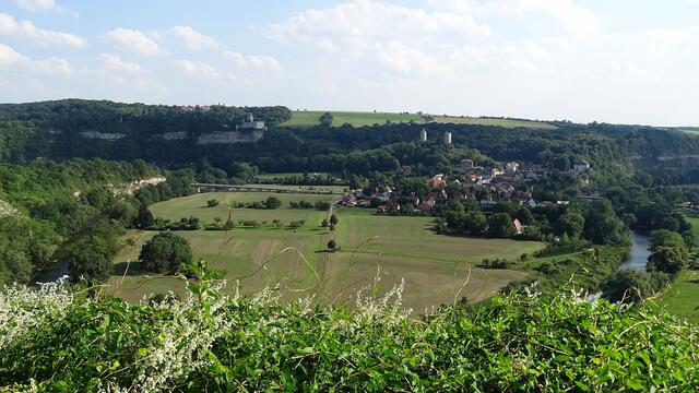 Gesamtansicht vom Himmelreich auf die Burgen und rechts unterhalb der Burg Saaleck, das Dörfchen Saaleck. Das Grün unten verdeckt die Saaleecke sie ist aber Rechts und Links zu sehen.