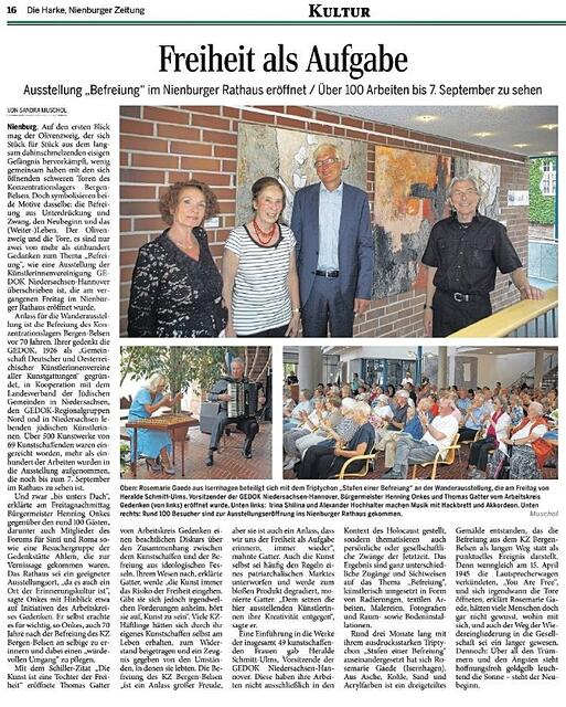 Zeitungsartikel "Freiheit als Aufgabe" zur Kunstausstellung "BEFREIUNG" im Rathaus Nienburg. Rubrik Kultur in "Die Harke". | Foto: Die Harke