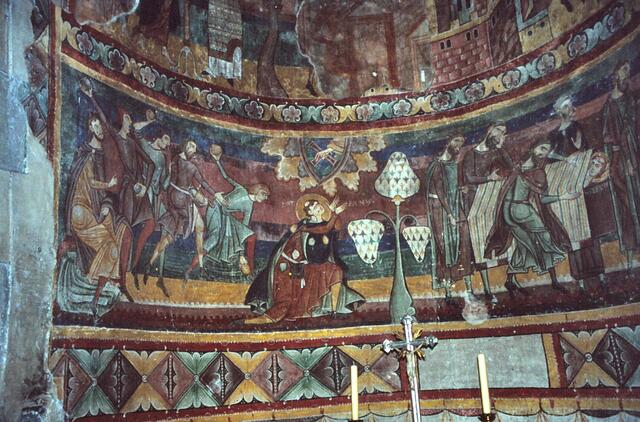 frühmittelalterliches Fresko in Sankt Johann, das die Steinigung des heiligen Stephanus darstellt