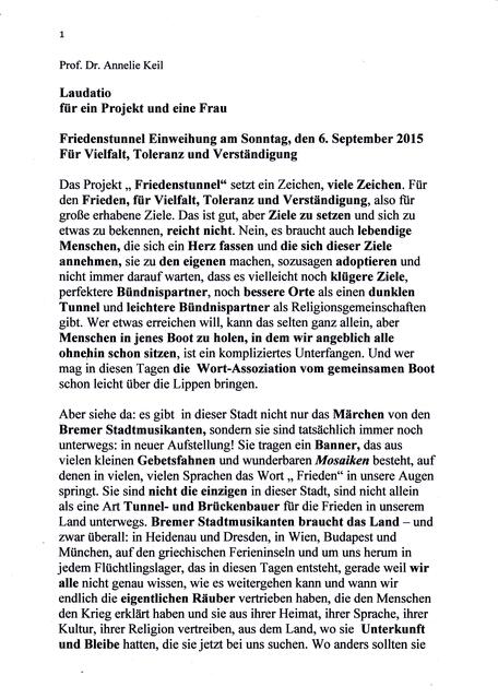 Prof. Dr. Annelie Keil, Rede im Bremer Friedenstunnel am 6. September 2015, Seite 1 | Foto: Prof. Dr. Annelie Keil