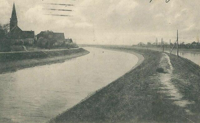 Partie an der Limmer-Kirche mit Kanal (links) und Leine, um 1916.
