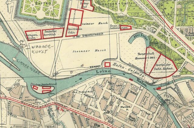 Durch die Verbreiterung bzw. Vertiefung der Leine entstand vor dem Ausflugslokal "Zur Schwanenburg" eine kleine Insel. Hier hatten Rudervereine ihr Standquartier wie zum Beispiel die Lindener Rudergesellschaft, Kartenausschnitt hannoversches Adressbuch 1940.