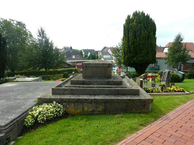 Wenn man über dieses Kellergrab hinweg zu den Häusern schaut, erkennt man, dass man sich auf einer hohen Wurt befindet.