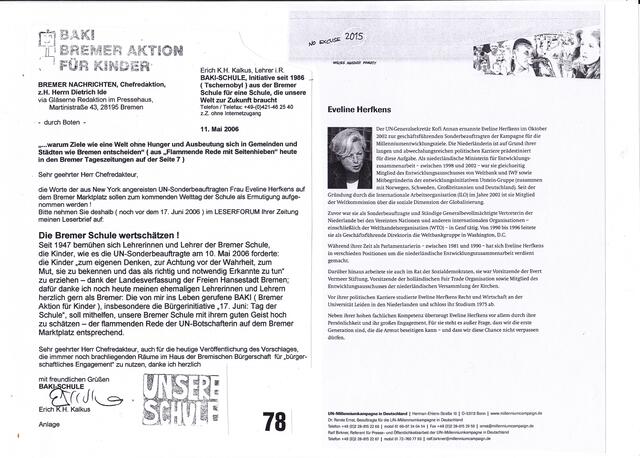 UNSERE SCHULE, Ausgabe 18 zum 1. Juli 2006, Seite 78 - mit dem BAKI-Leserbrief "Die Bremer Schule wertschätzen!" vom 11. Mai 2006